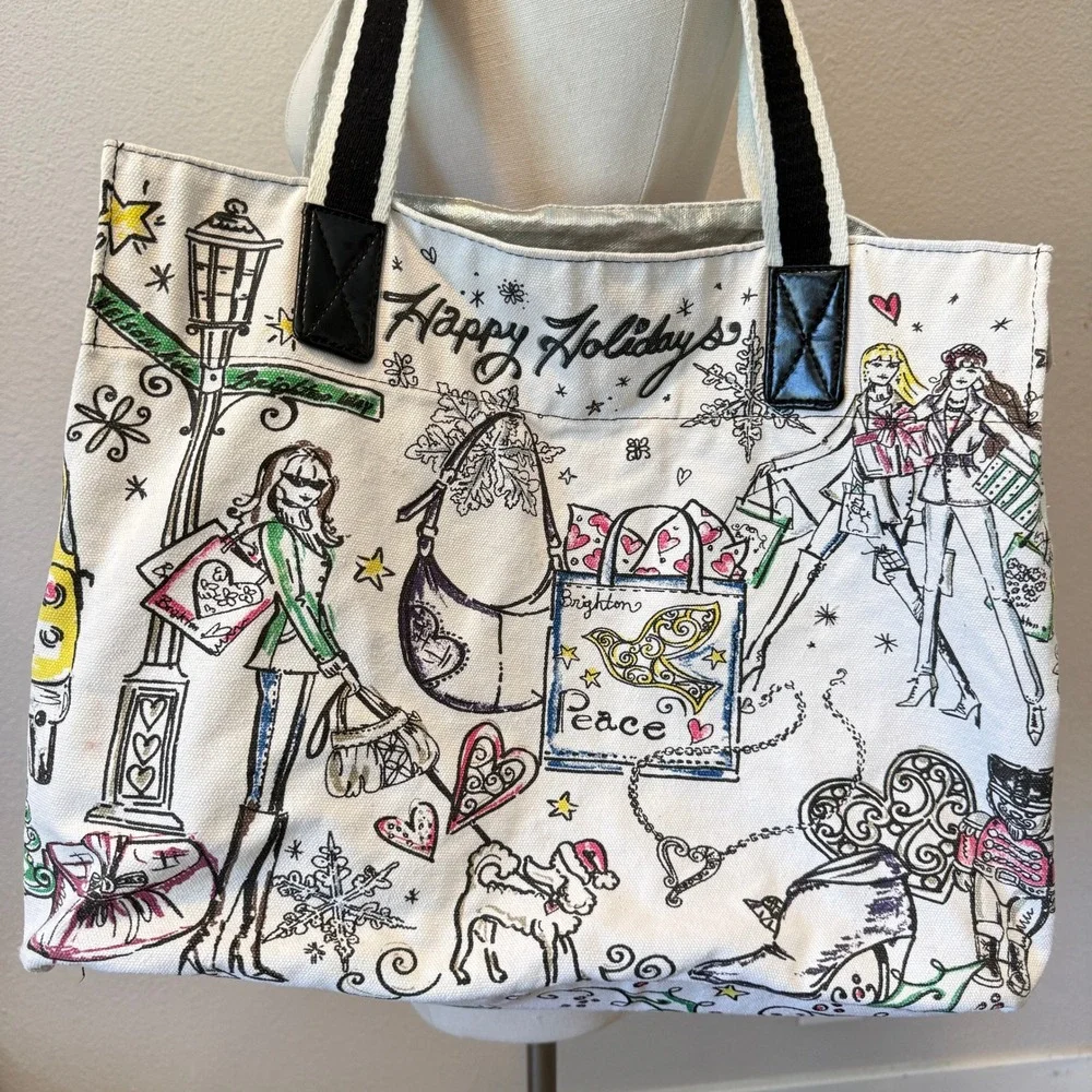 Brighton Happy Holidays Canvas Tote Bag White Multi Fashion Sketch Christmas